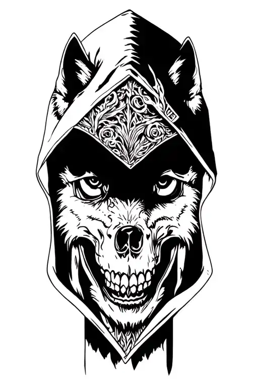 Skull Wearing Hood And The Wolf