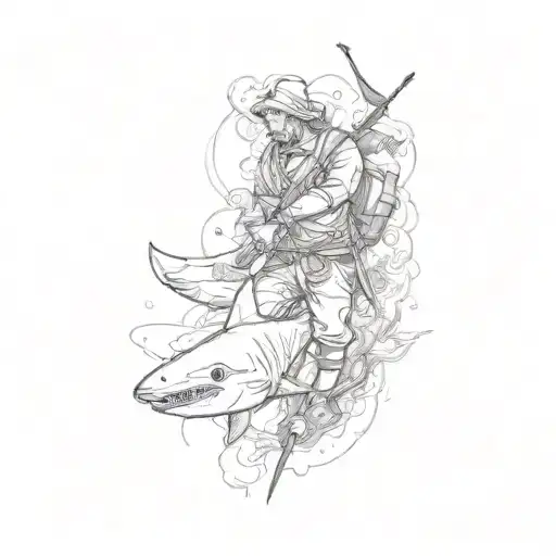 A Man Holding A Spear And A Shark