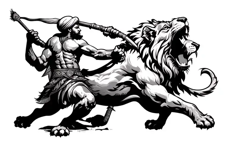 Sikh Warrior Fighting A Lion Roaring