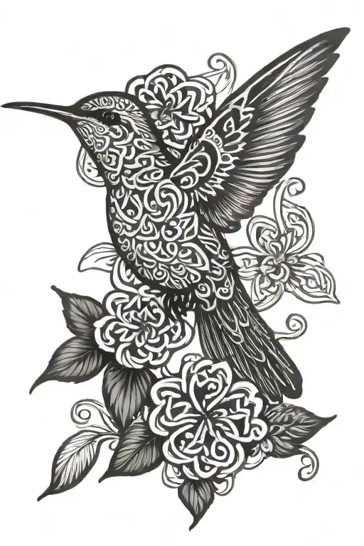 A Humming Bird Only Made Out Of Celtic Knots With A Pretty Floral Background