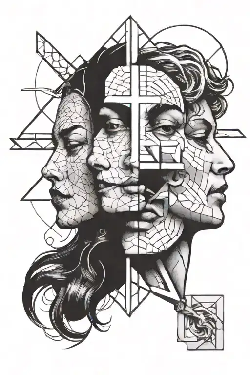 Two Faces Divided By A Cross In The Middle With Geometric And Philosophical Figures