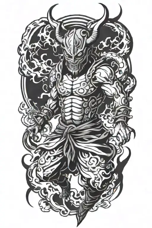 Anime Character Full Body Wearing A Oni Mask Fighting Off Inner Demons With Minimal Black Areas