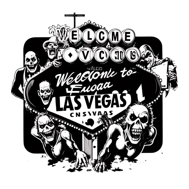 Scary Welcome To Las Vegas Sign With Scary Casino Mascots Around It
