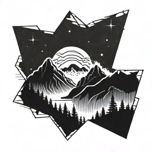 A Minimalist Blackwork Tattoo Of A Mountain Silhouette With The Northern Lights Shining Above It