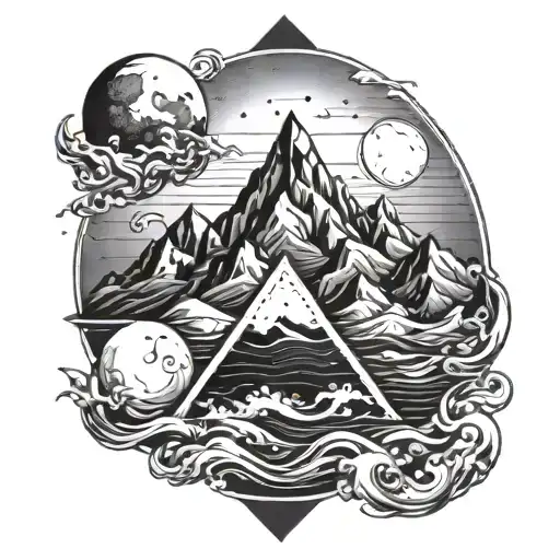 Ocean Waves In A Triangle With Mountains And The Moon