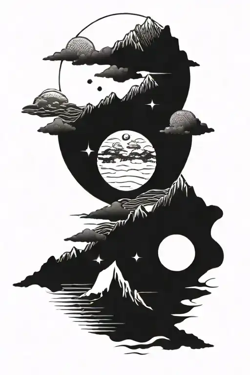 Ocean With Mountains And The Moon And Sun