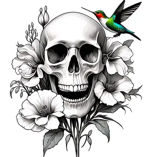 Skull With Gladiolus Flower Blooming And Poppy Flower Blooming And Hummingbird