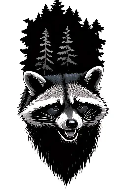 Massive Forest Landscape With Raccoon Face Side Profile Emerging From The Top
