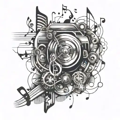 A Tattoo Design Combining Music Notes And Car Parts In A Sleek And Modern Composition