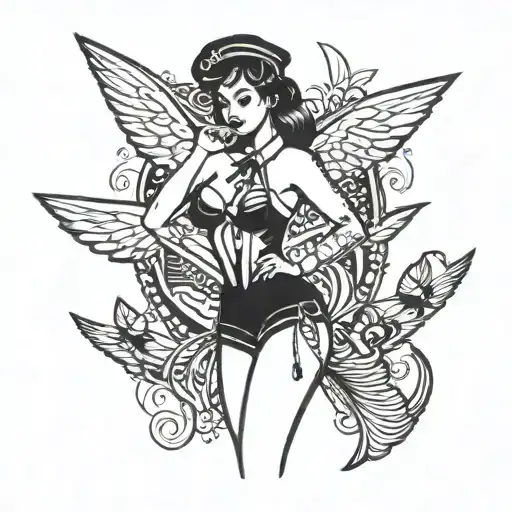 Sailor Jerry's Style Navy Girl Topless Tattoo Black And White Small Simple