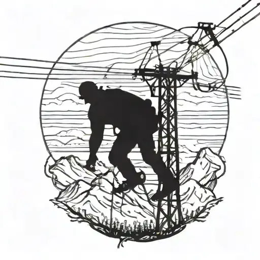 A Silhouette Of A Lineman Working On A Power Line With A Mountain Range In The Background