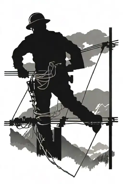 A Silhouette Of A Lineman Working On A Power Line With A Mountain Range In The Background