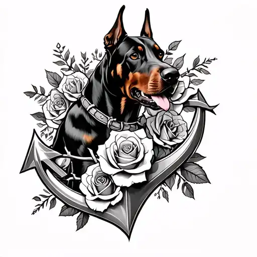 Anchor And A Doberman Dog With Roses And Thorns
