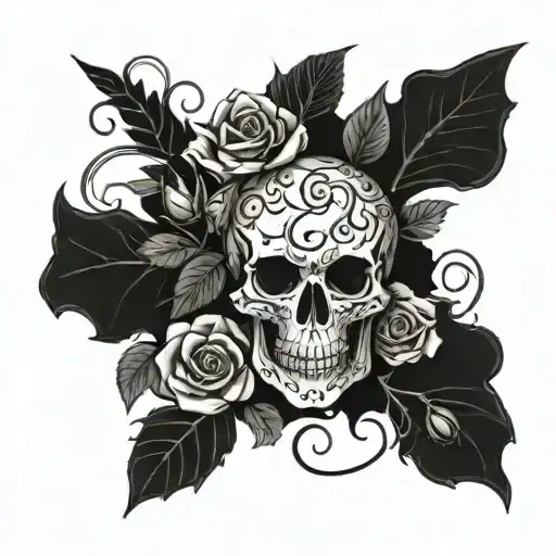 Black Work Skull With A Rose Coming Out Of The Mouth With Roses And Vines Surrounding It
