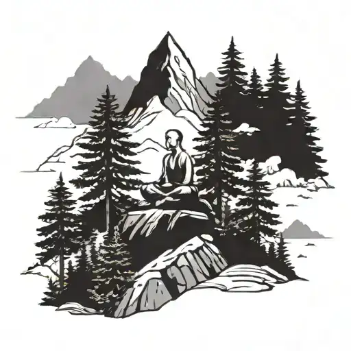 A Serene Meditating Figure Sitting Atop A Mountain Peak Surrounded By Tall Trees
