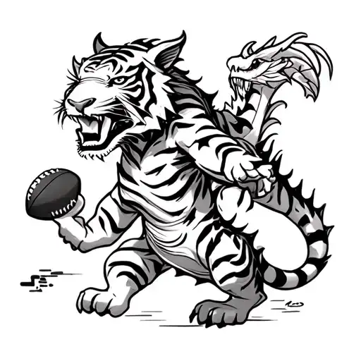 A Tiger Playing Football With A Dragon In A Casino Setting
