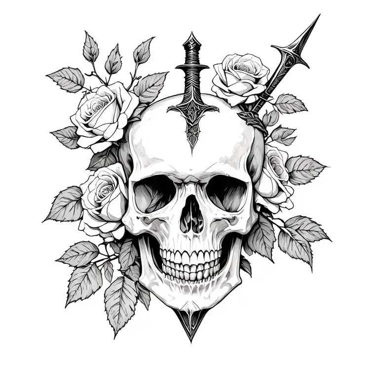 Dagger In A Skull With Roses Growing