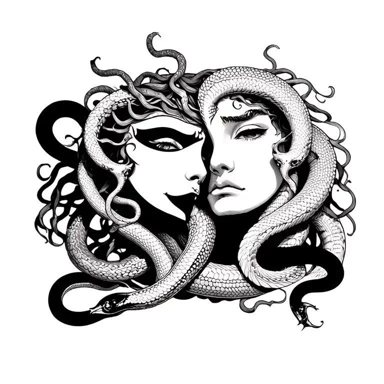 Medusa With Mask Half Happy Half Sad And Two Snakes