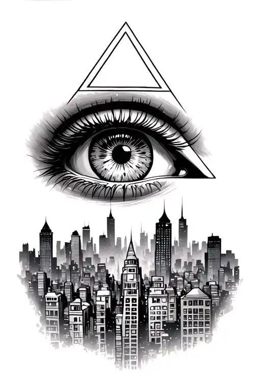 Illuminati All Seein Eye Looking Down To A City Full Of Zombie Like Figures