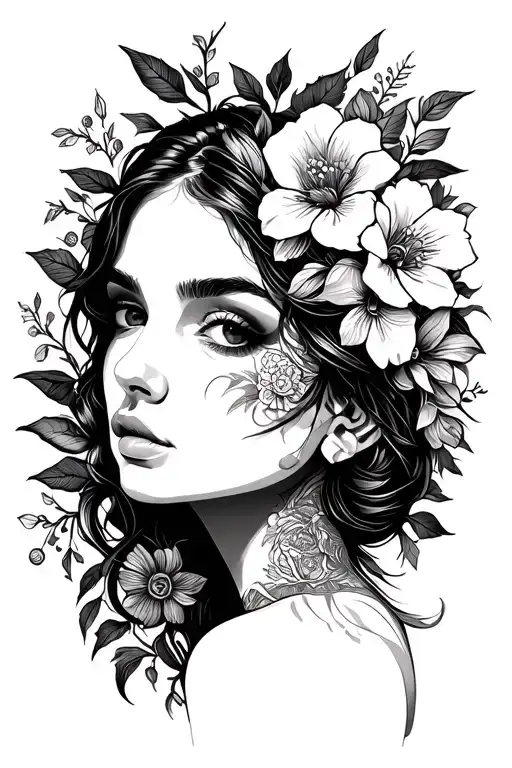 Blackout Arm Sleeve With A Female Face And Flowers