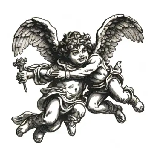 Two Cherubs Flying Towards Each Other Wearing Ski Masks