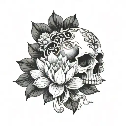 Skull And Lotus Flower Intertwined