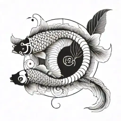 Fine Black Line With A Fibonacci Spiral In The Middle And Two Koi Fishes Around