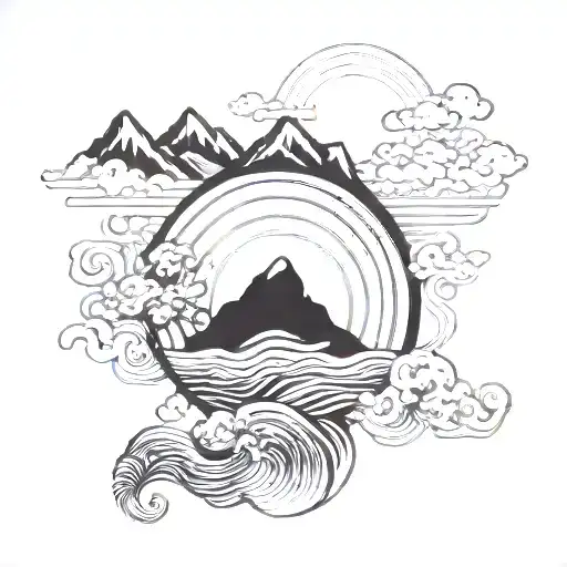 Yin Yang With Waves And Mountains