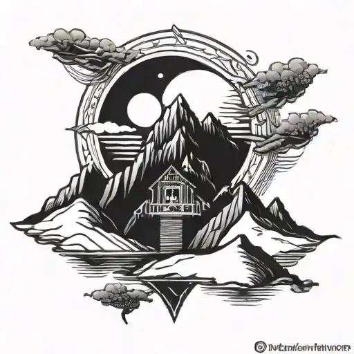 Mountain And Oceans With A Small Hut And A Sun On The Bottom And And Moon On The Top