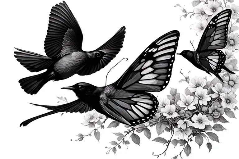 3 Small Black Birds Flying Away With Butterfly