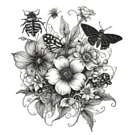 A Garden Scene With Various Flowers And Bugs Interacting With Each Other