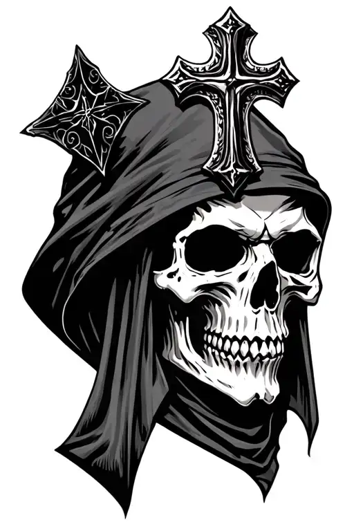 Grim Reaper Head With Cross Shaped Knife Through The Top Of His Skull