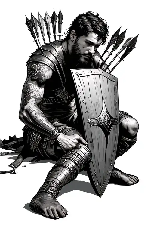 Tired Warrior Resting On Knee While Holding A Shield With Arrows In It