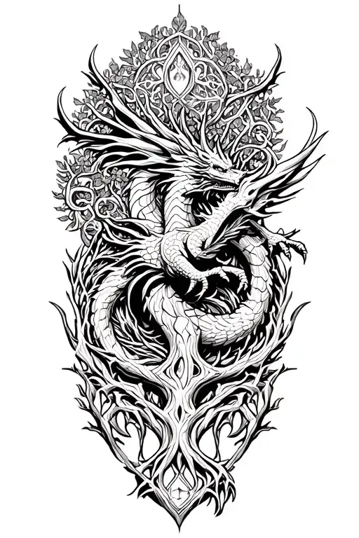 Nordic Tree Of Life With A Nordic Dragon Flying