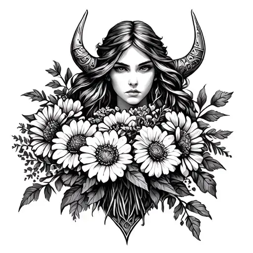 Viking Woman With A Bouquet Of Flowers Intertwined