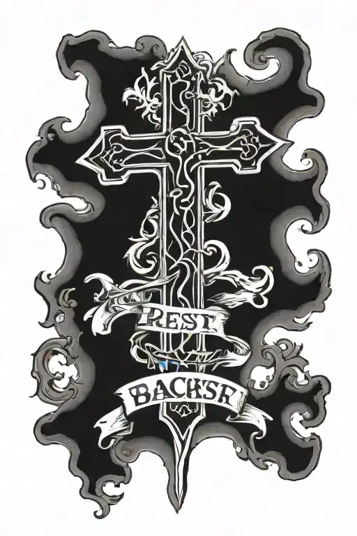 Cross Tattoo And Text Inside The Cross And It Says Rest In