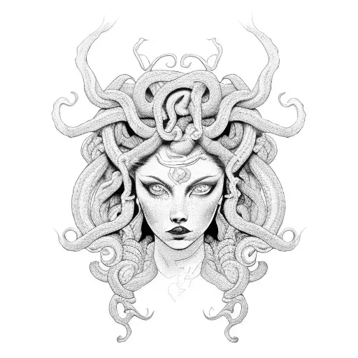 A Blackwork Tattoo Of A Fierce Medusa With Intricate Eyes In The Background