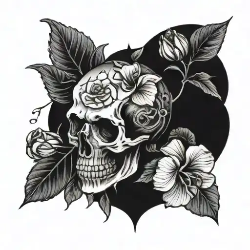 Skull With Roses Mayflowers Hibiscus