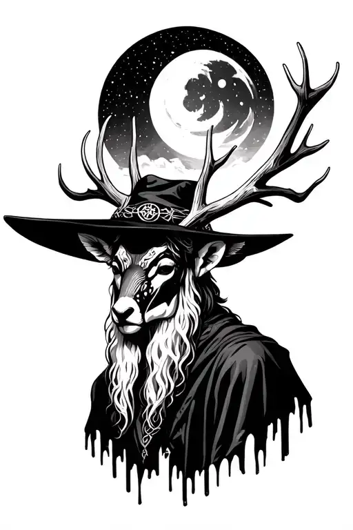 Wiccan Witch Doctor Wearing A Deer Antler Mask With A Crecent Moon In The Sky