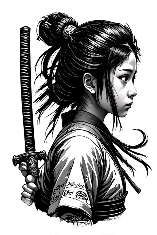 Samurai Girl Holding Katana Side View And Looking Forward