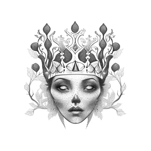 An Intricate Blackwork Design Of Persephone's Crown Made Of Pomegranate Branches