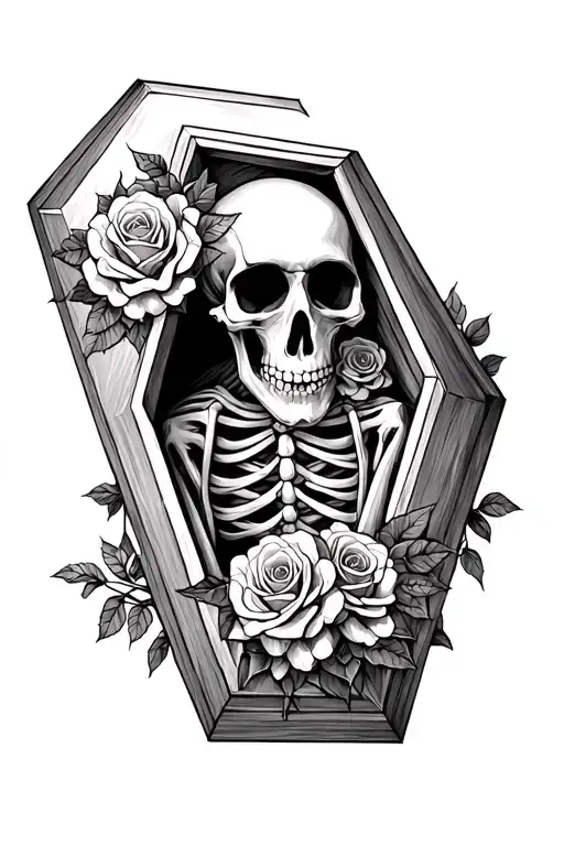Skeleton In A Coffin With Roses