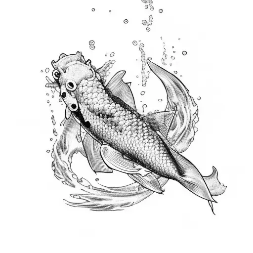 Koi Fish Turning Going Through Water Stream Into Dragon