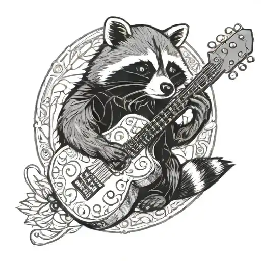 A Blackwork Tattoo Of A Raccoon Playing A Guitar
