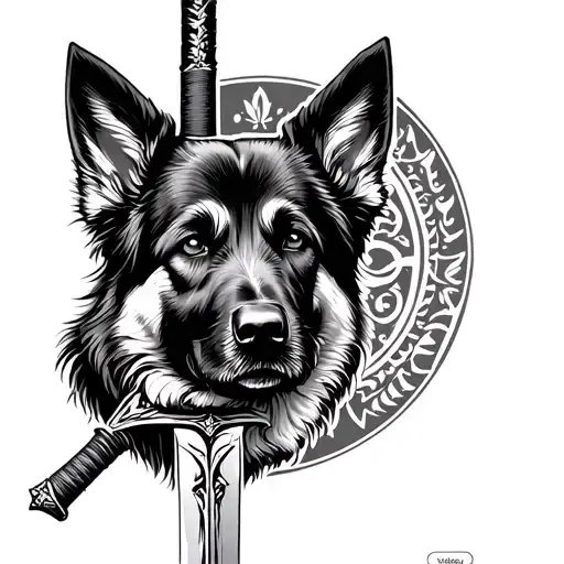 A Sword Intertwined With A German Shepherd Silhouette