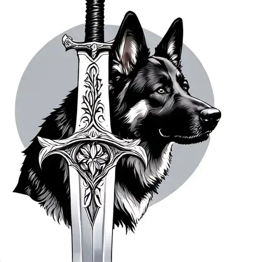 A Sword Intertwined With A German Shepherd Silhouette