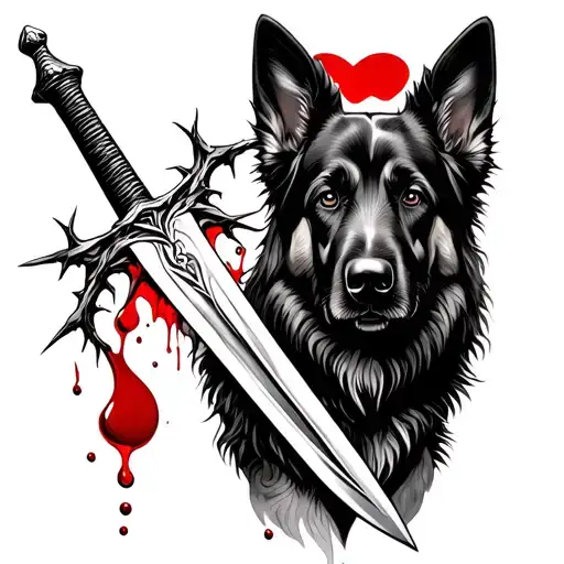 A Sword Intertwined With Thorns And Blood Droplets With A German Shepherd Behind It