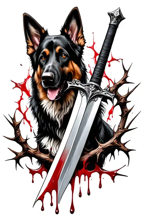 A Sword Intertwined With Thorns And Blood Droplets With A German Shepherd Behind It