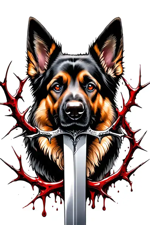 A Sword Intertwined With Thorns And Blood Droplets With A German Shepherd Behind It