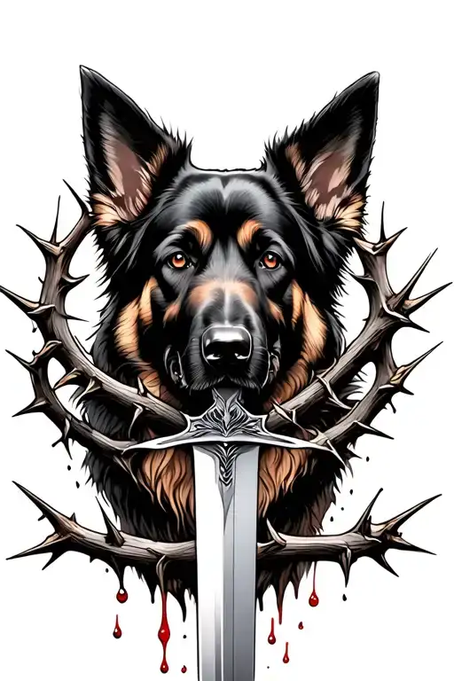 A Sword Intertwined With Thorns And Blood Droplets With A German Shepherd Behind It